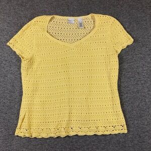 Emma James Crochet Top Womens XL Yellow Open Knit Short Sleeves V neck Feminine‎